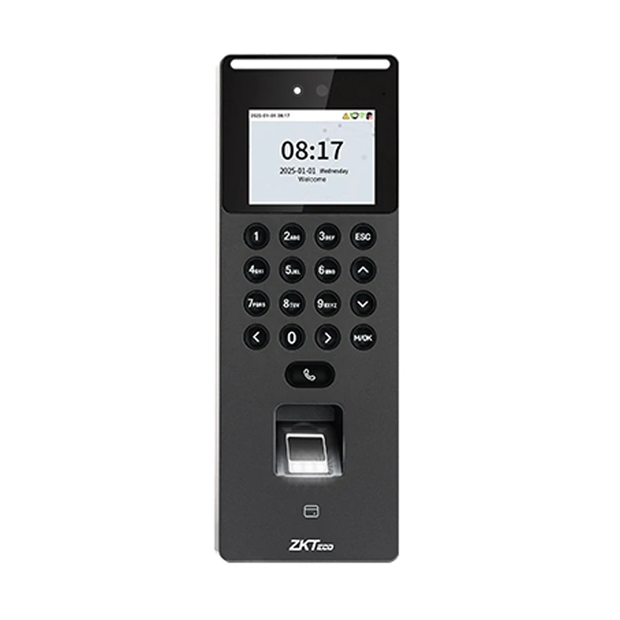 Front view of the ZKTeco SenseFace 2A WiFi Access Control showing display, keypad, and fingerprint scanner for secure entry. Angled front view of the ZKTeco SenseFace 2A WiFi Access Control with biome